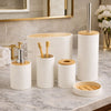 Six-piece white textured bathroom accessory set with bamboo lids including a soap dispenser and waste bin on a marble counter - Trenducts Pakistan