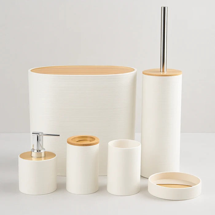 6-Pc Modern White Bathroom Set – Textured Accessory Collection with Bamboo Accents