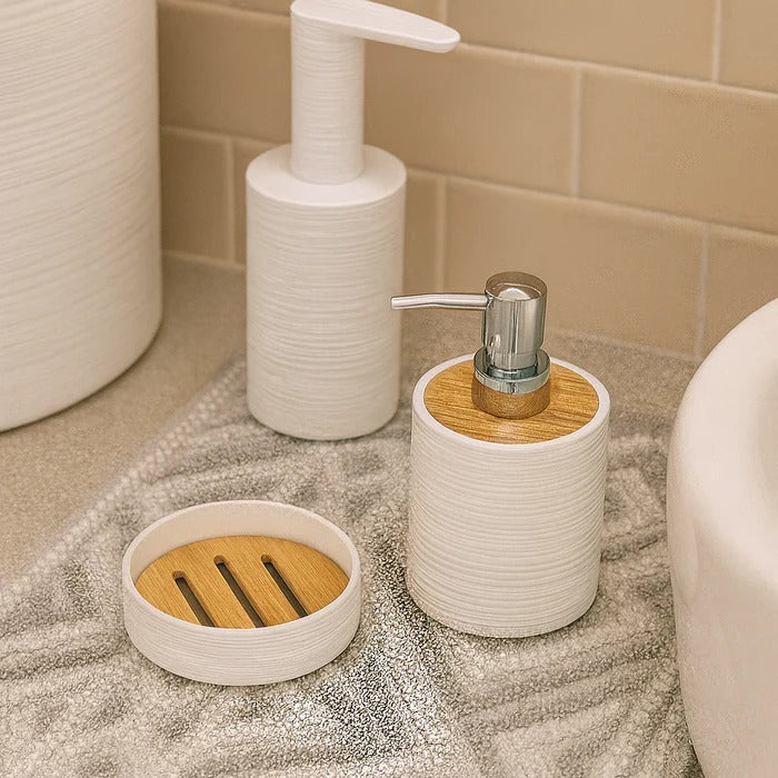 6-Pc Modern White Bathroom Set – Textured Accessory Collection with Bamboo Accents