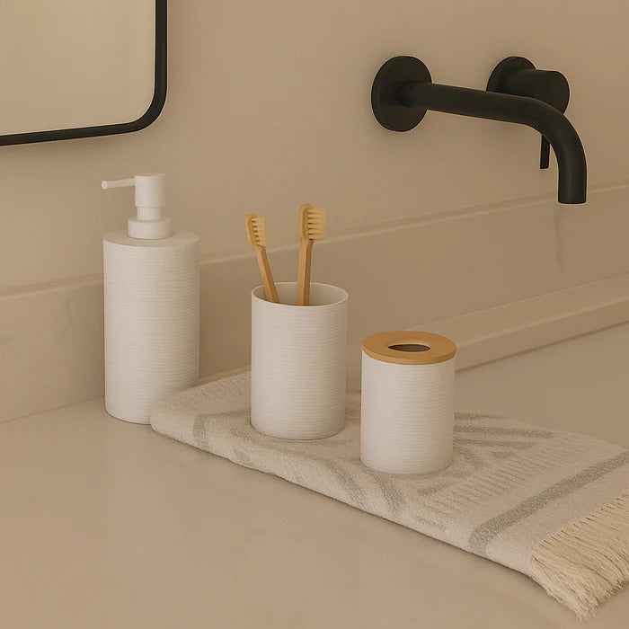 6-Pc Modern White Bathroom Set – Textured Accessory Collection with Bamboo Accents