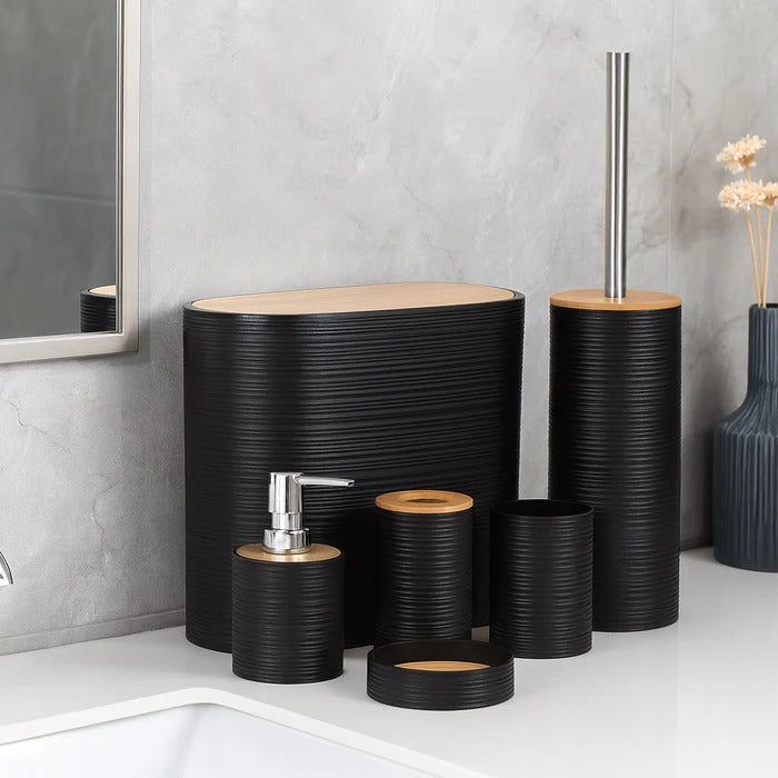 6Pc Modern Black Bathroom Set – Textured Accessory with Bamboo Accents MJ