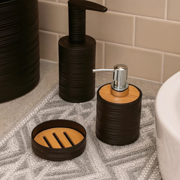 6Pc Modern Black Bathroom Set – Textured Accessory with Bamboo Accents MJ