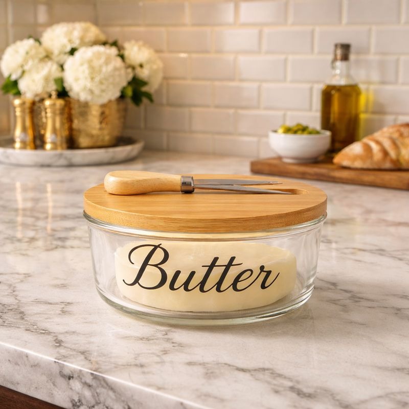 Round glass butter dish with a bamboo lid and a wooden-handled butter knife sitting in the lid slot - Trenducts Pakistan