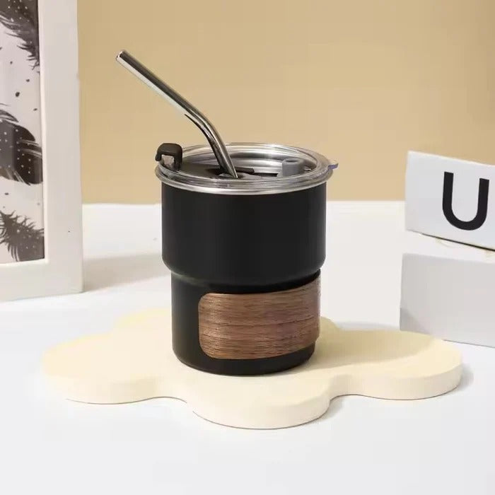 500ml Insulated Outdoor Coffee Mug – Anti-Scald Travel Tumbler with Wood-Grain Grip MJ