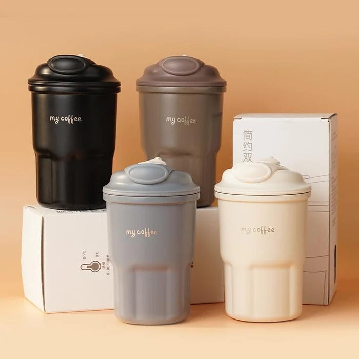 600ml Korean Style Insulated Coffee Thermos – Matte Travel Mug with Straw