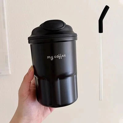 600ml Korean Style Insulated Coffee Thermos – Matte Travel Mug with Straw