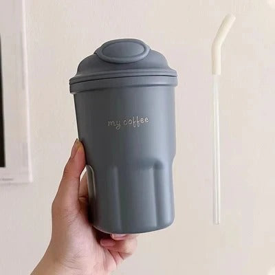 600ml Korean Style Insulated Coffee Thermos – Matte Travel Mug with Straw