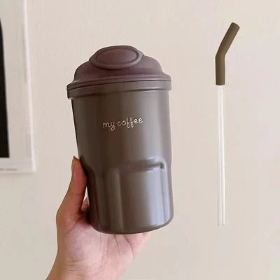 600ml Korean Style Insulated Coffee Thermos – Matte Travel Mug with Straw