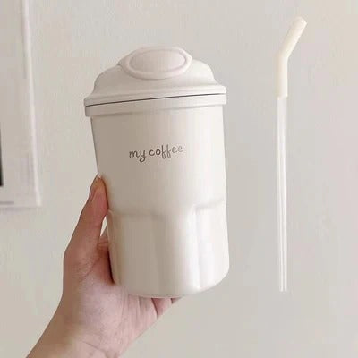 600ml Korean Style Insulated Coffee Thermos – Matte Travel Mug with Straw