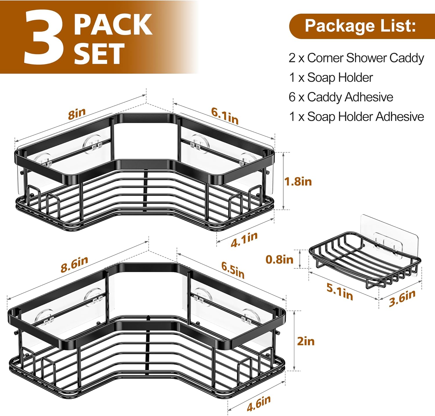 3Pc Corner Shower Caddy Set – Heavy-Duty with Integrated Soap Holder GH