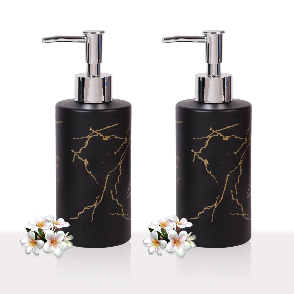 Luxury Black Marble Design Soap Dispenser – Matte Obsidian Resin Pump with Gold Veining