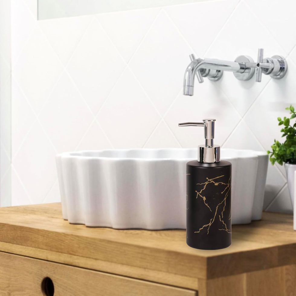 Luxury Black Marble Design Soap Dispenser – Matte Obsidian Resin Pump with Gold Veining
