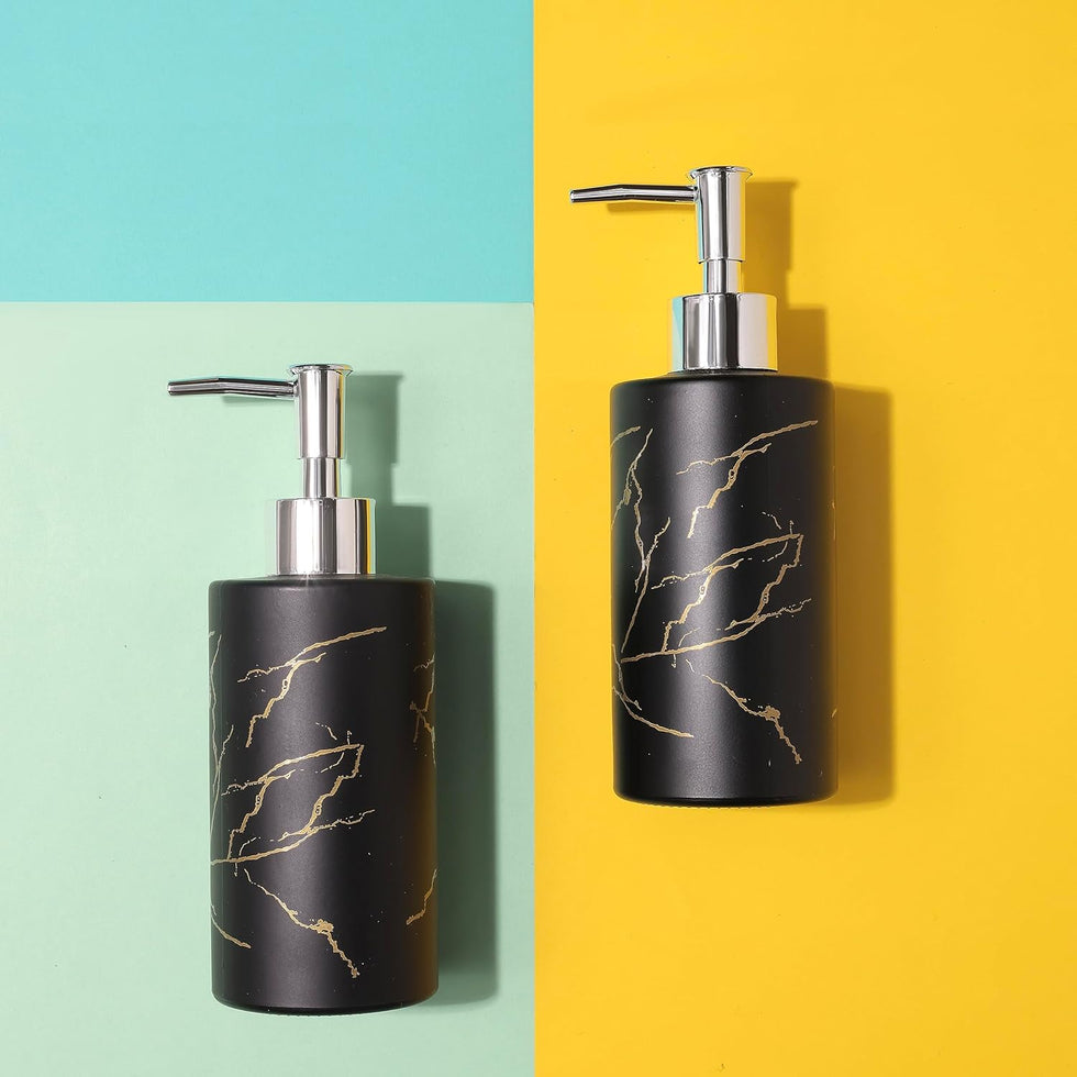 Luxury Black Marble Design Soap Dispenser – Matte Obsidian Resin Pump with Gold Veining