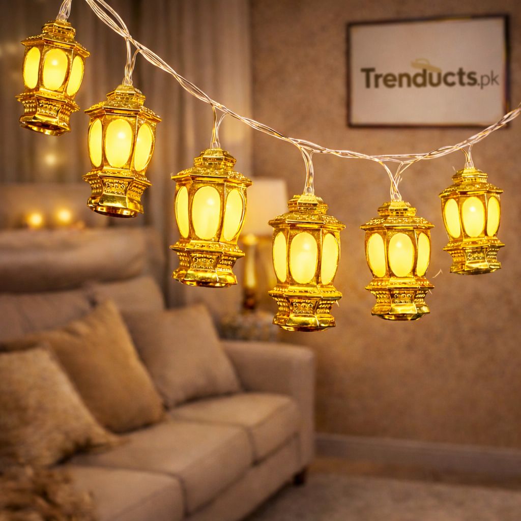 "Trenducts solid gold metallic star string lights with warm LED glow for Eid home decoration."

"Premium golden star-shaped fairy lights for festive Ramadan ambiance in a Pakistani lounge."