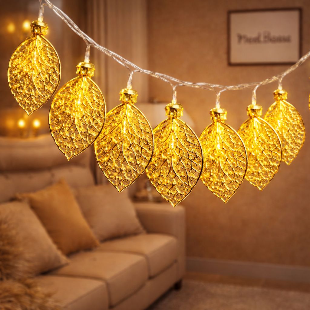 "Trenducts golden harvest leaf garland string lights with warm LED glow for bedroom home decor."