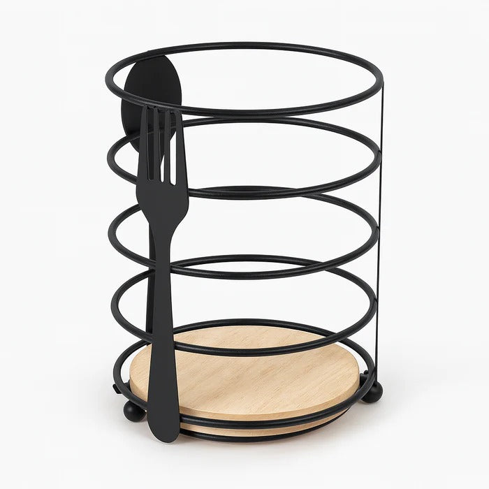 Modern Metallic & Oak Round Spoon Holder – Artisan Cutlery Organizer MJ