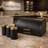 HausRoland luxe quilted black and gold bread bin set with matching canisters."

"Luxury 3D textured tea coffee sugar jars in matte black for high-end kitchens in Pakistan."