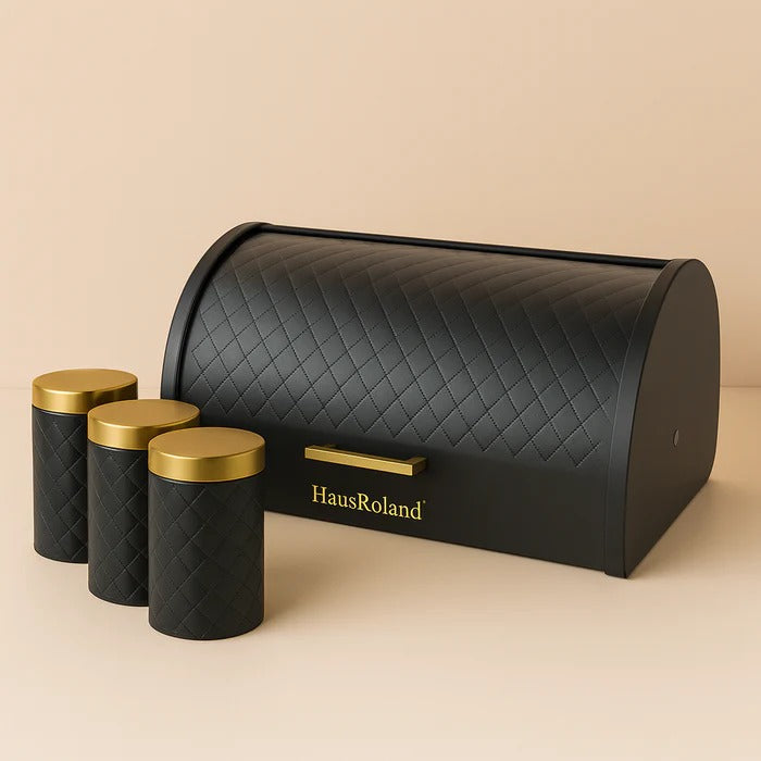 HausRoland Luxe Quilted Bread Bin & Canister Set – Black & Gold 4-Piece Set MJ