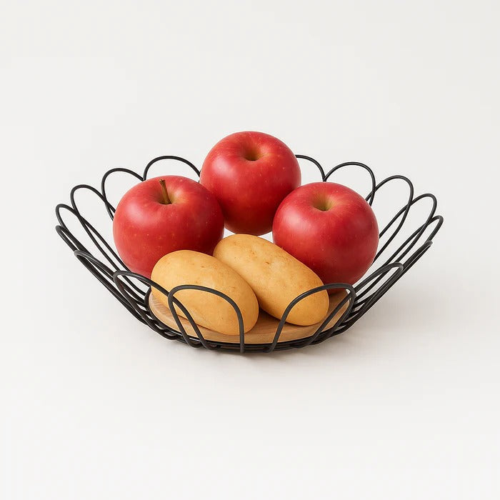 ModLeaf Metallic & Oak Fruit Basket – Artisan Leaf-Wire Centerpiece MJ