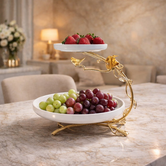 2-Tier White Ceramic Cake Stand with Gold Edge