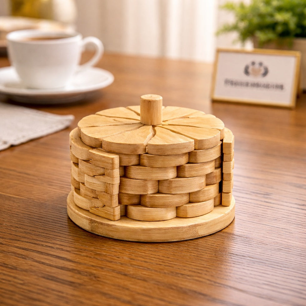 Geometric Leaf Bamboo Tower – Multi-Tiered Slat-Style Drink Coasters with a Central Pillar Hub