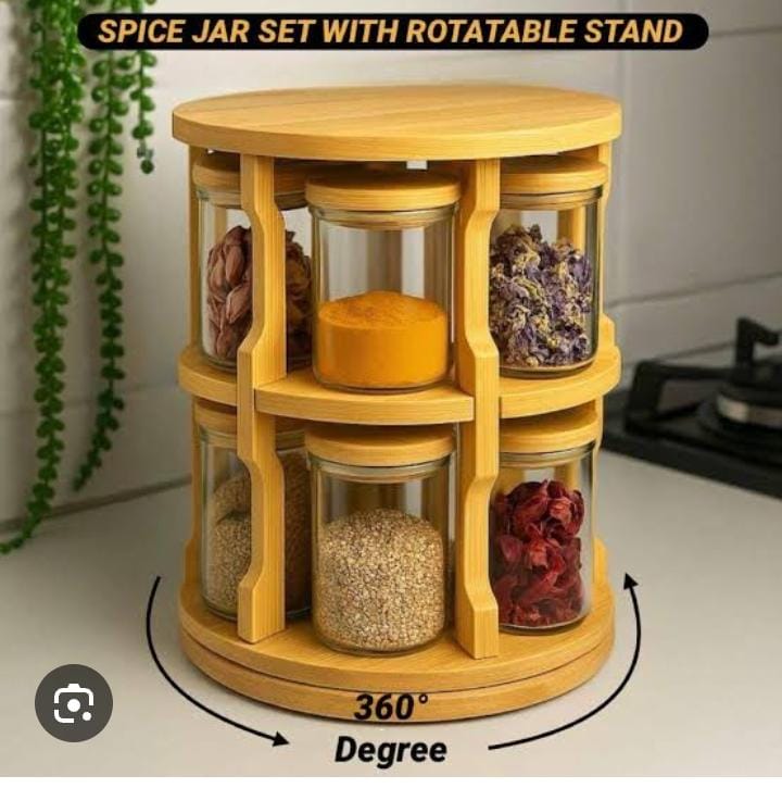 360° Rotatable Spice Jar Set – 10-Piece Bamboo Organizer