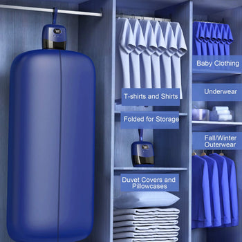 Mini portable folding dryer machine, shown folded and in use, with a digital display screen, drying clothes efficiently.