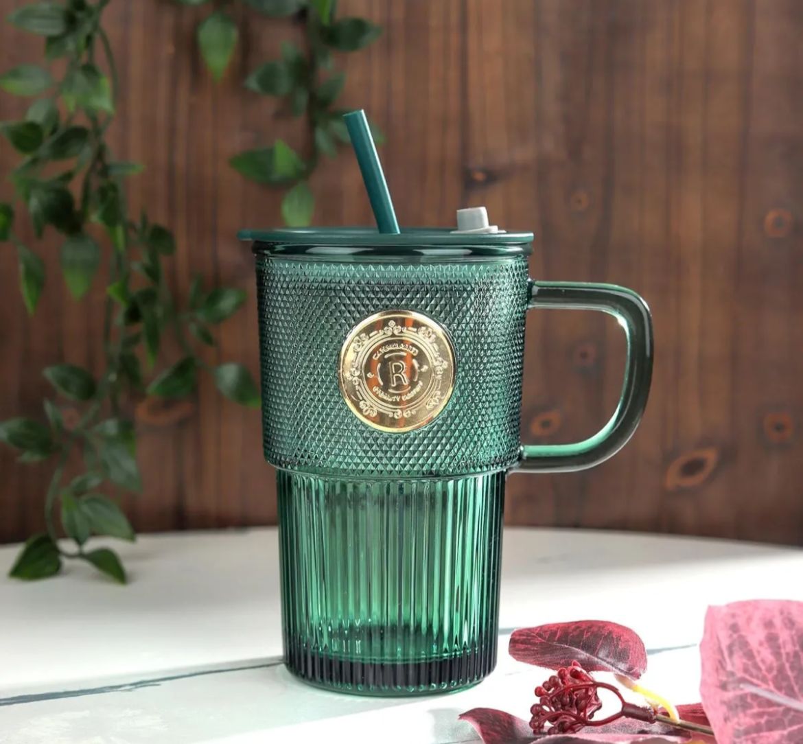 Premium Emerald Glass Sipper Mug with Handle – Luxury Textured Finish