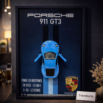 Sky blue Porsche 911 GT3 3D metal car art in a matte black wooden shadow box frame with racing stripes and tech specs - Trenducts Pakistan