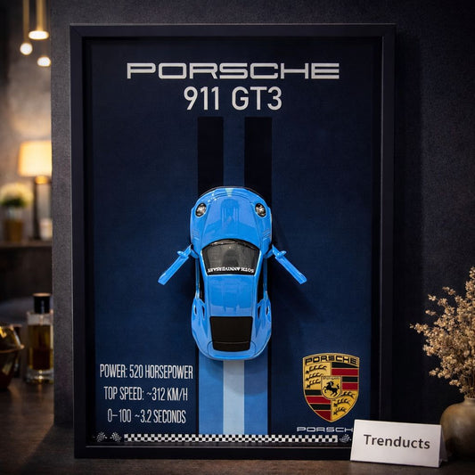 Porsche 911 GT3 3D Kinetic Metal Car Art Wooden Frame