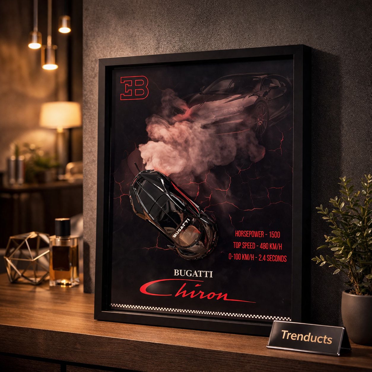 Bugatti Chiron 3D Kinetic Metal CarArt Wooden Frame