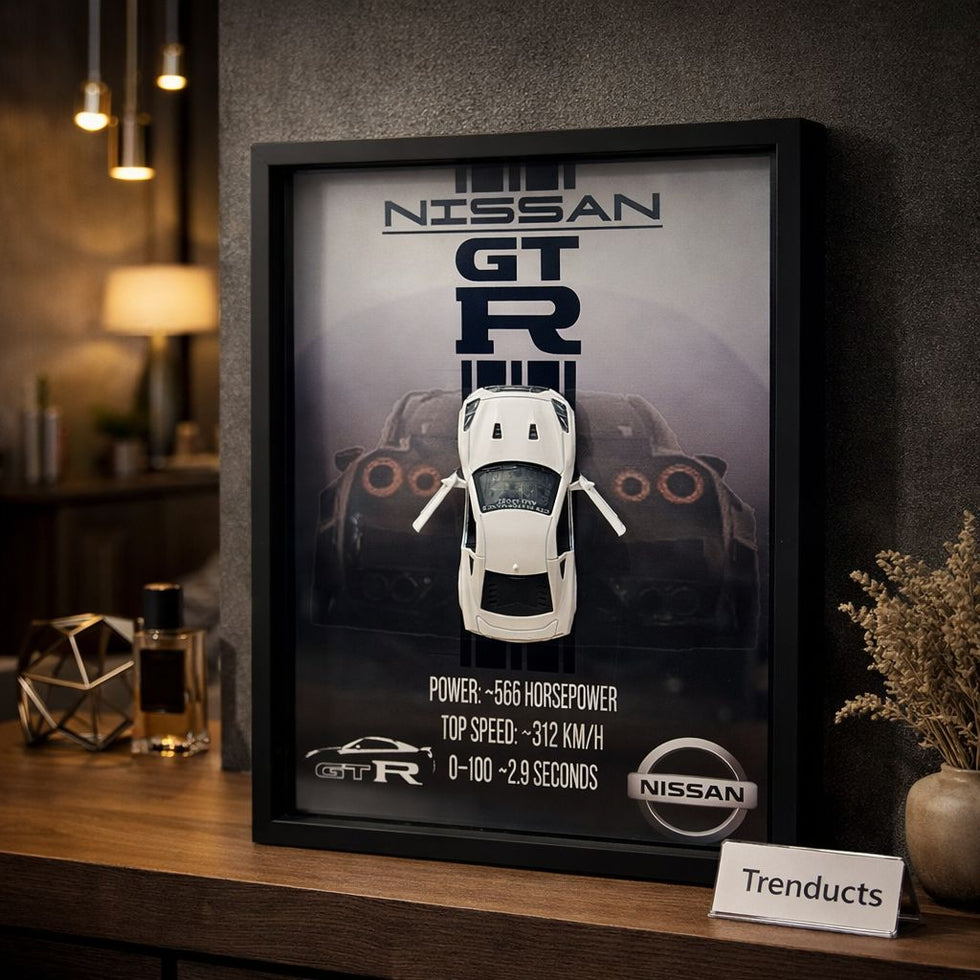 Nissan GT-R 3D Kinetic Metal Car Art Wooden Frame