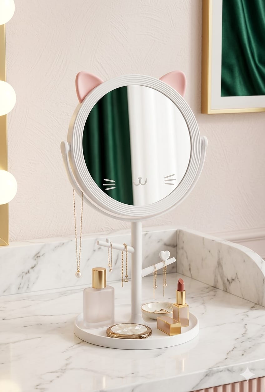 Adorable Cat-Shaped 360° Rotating Tabletop Makeup Mirror