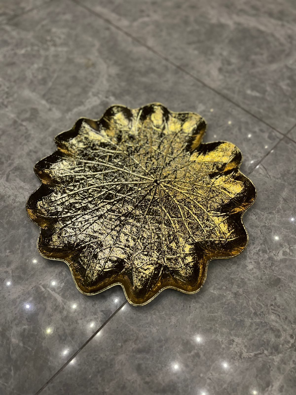 Gold-Plated Fiber Lotus Leaf Decor Tray (13" x 13")