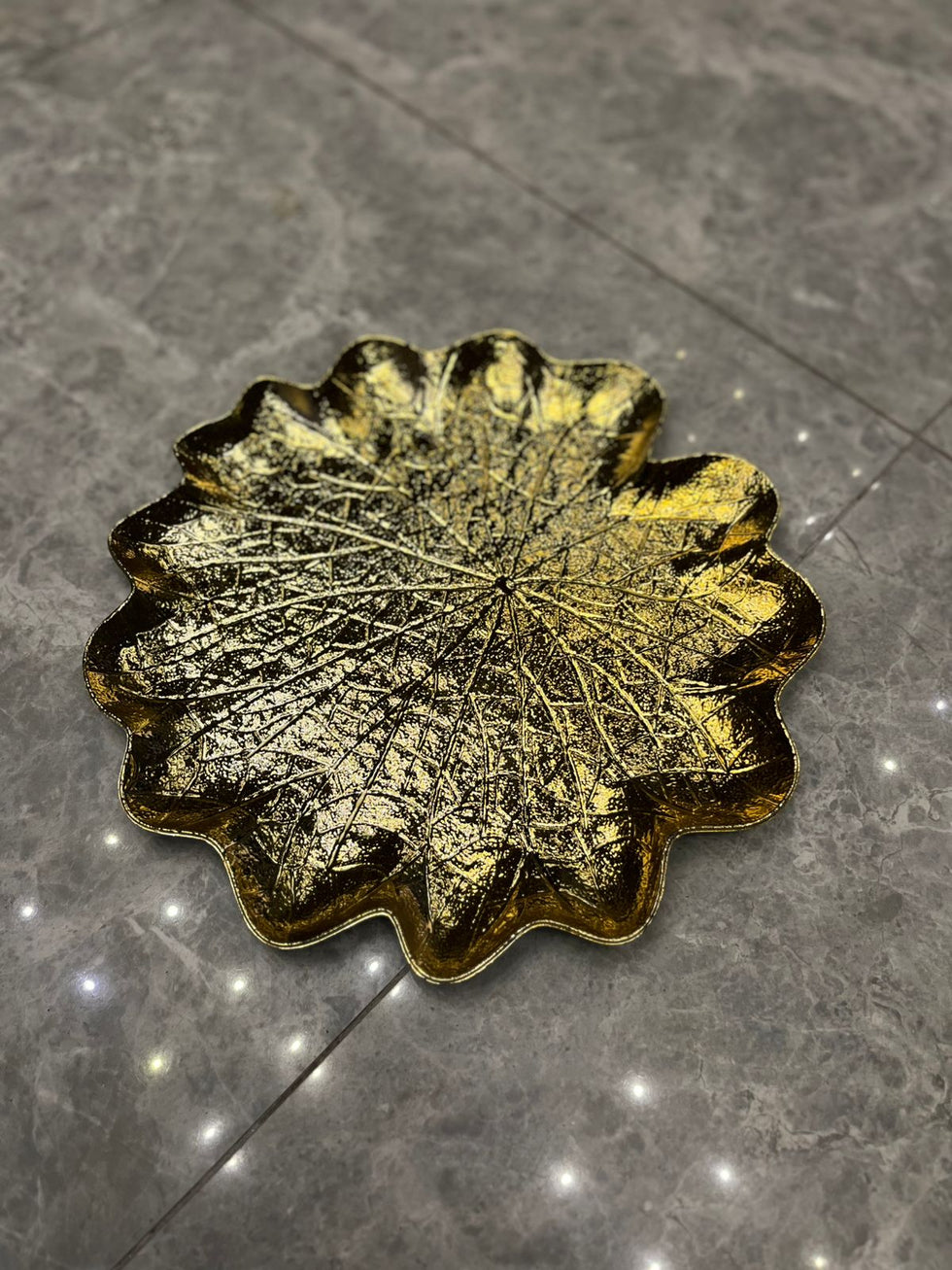 Gold-Plated Fiber Lotus Leaf Decor Tray (13" x 13")