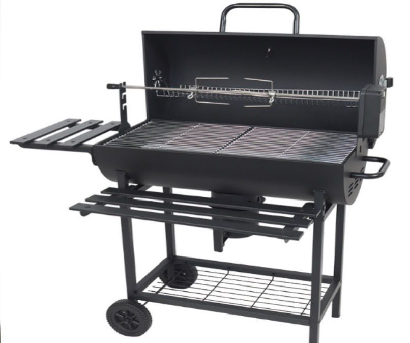 Monster Barrel BBQ Grill with Automatic Rotisserie & Skewer Station