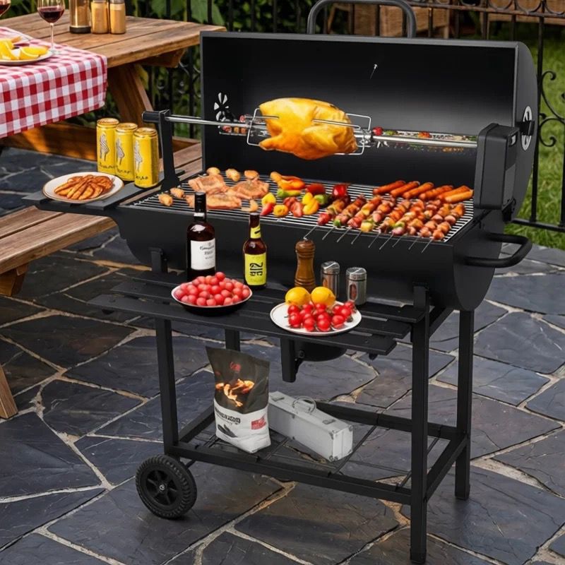 Monster Barrel BBQ Grill with Automatic Rotisserie & Skewer Station