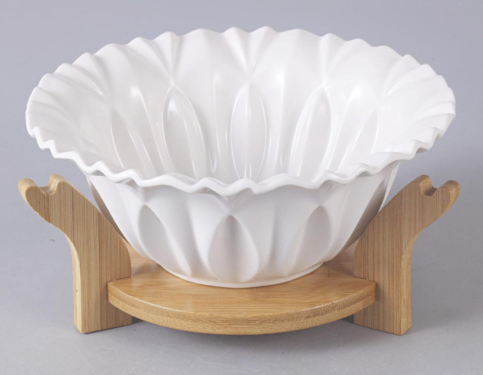 8-Inch Scalloped Ceramic Serving Bowl with Wooden Stand