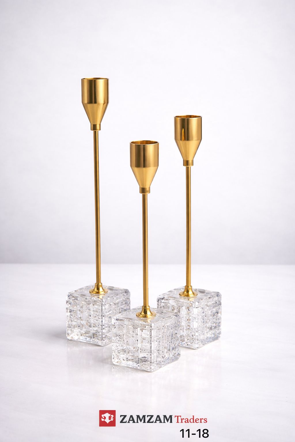 3-Piece Modern Gold Metal & Crystal Cube Candle Stand Set