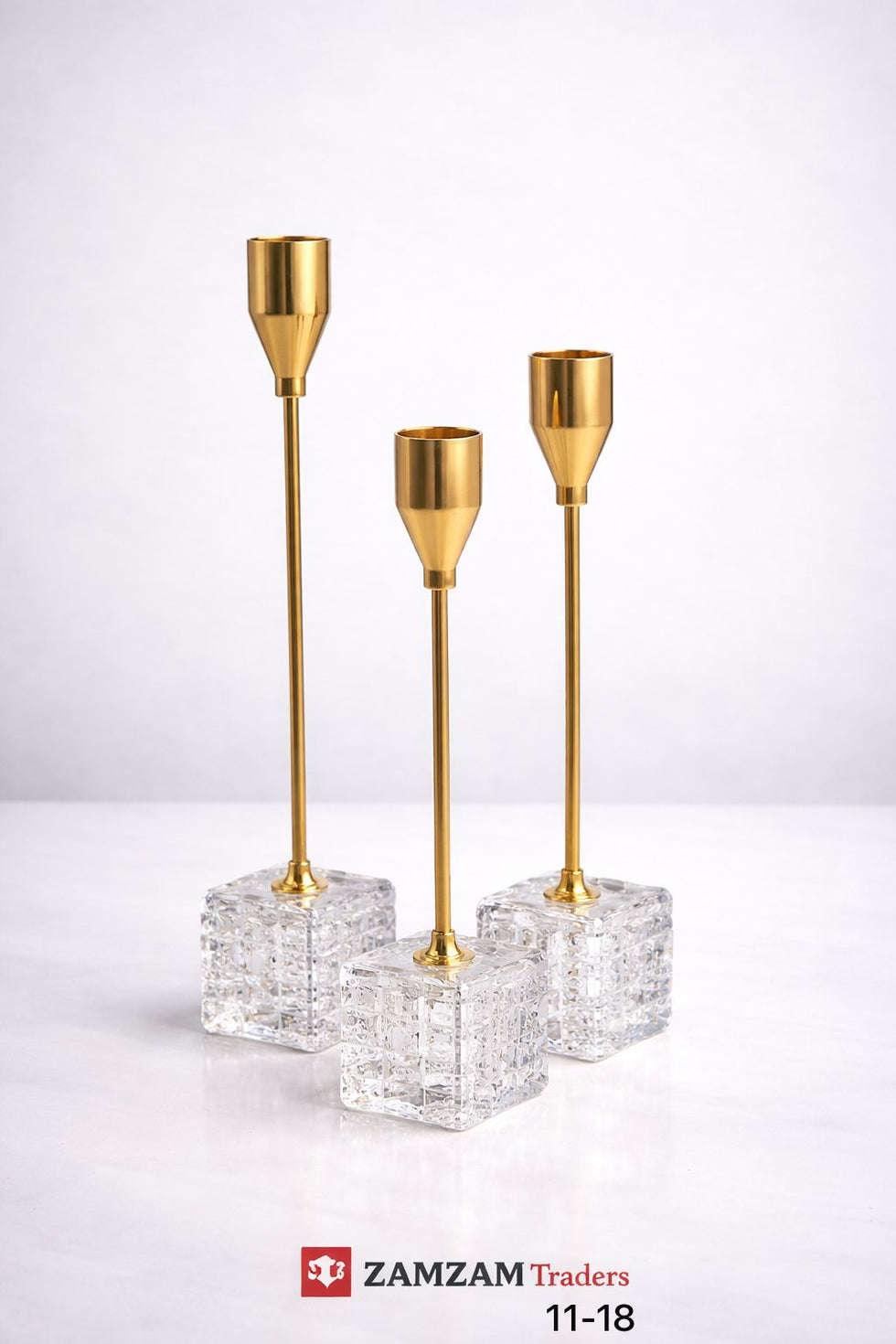 3-Piece Modern Gold Metal & Crystal Cube Candle Stand Set
