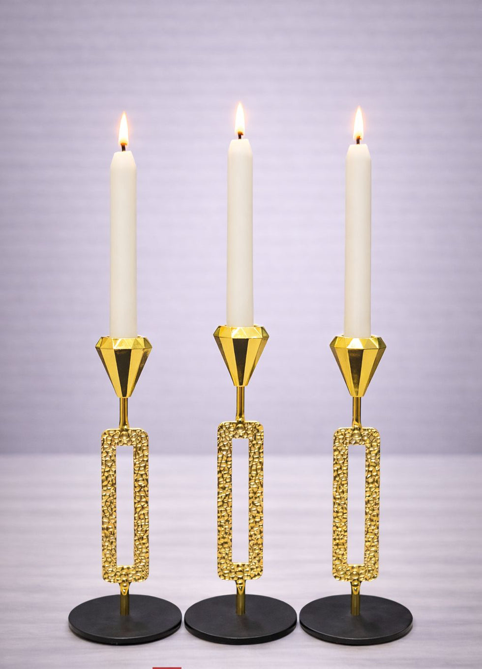 Luxury 3-Piece Linear Glass & Gold Metal Candle Stand Set