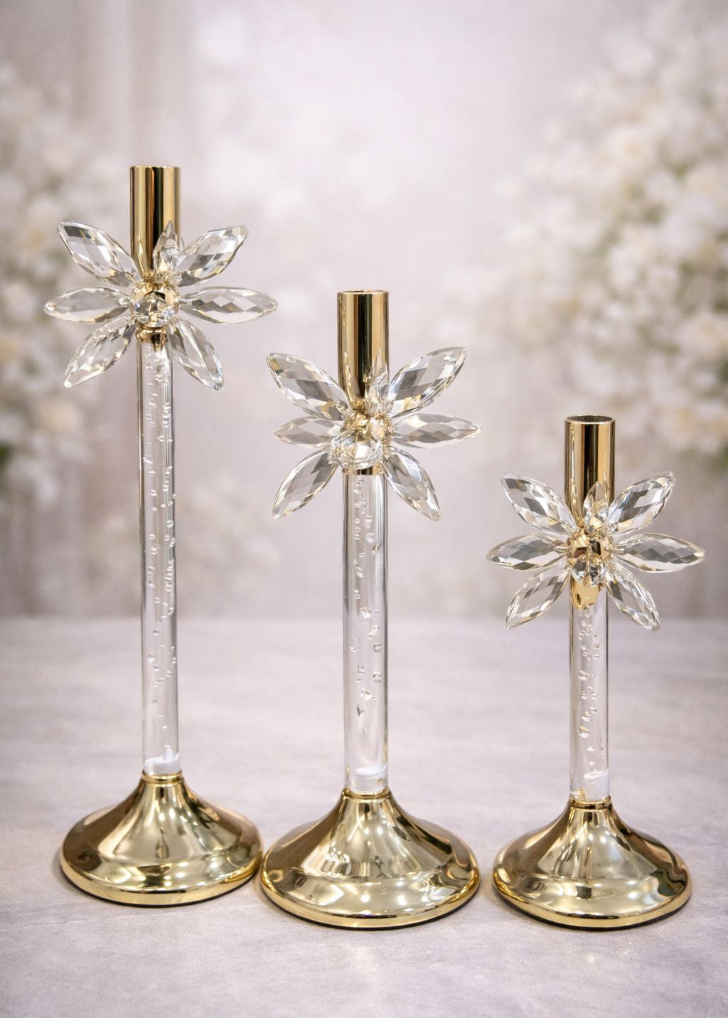 Luxury 3-Piece Crystal Starburst Metal Candle Stand Set