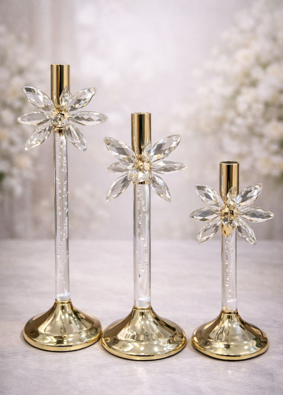 Luxury 3-Piece Crystal Starburst Metal Candle Stand Set