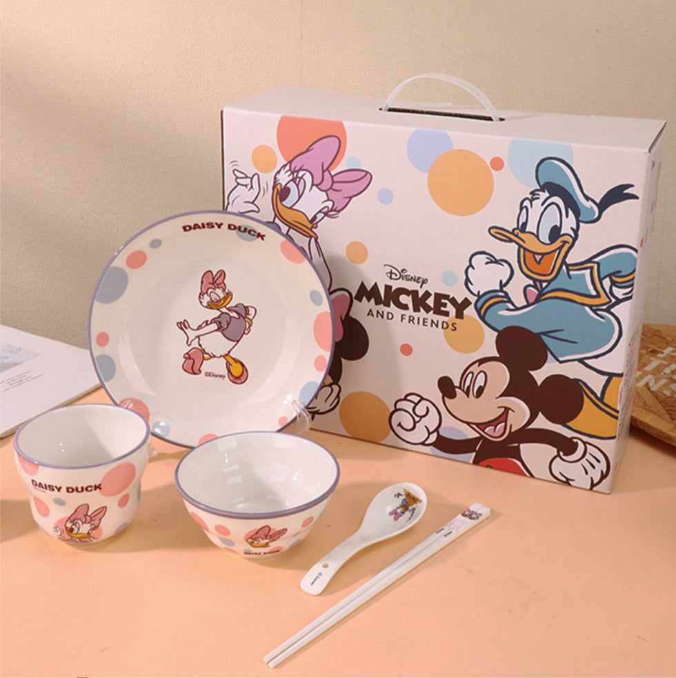 Disney Mickey & Friends Ceramic Crockery – 6-Piece Premium Gift Set: Includes Mickey & Daisy Cups with Matching Lids and Spoons