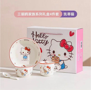 Hello Kitty ceramic 4-piece dinnerware set for kids in a premium pink and white gift box.