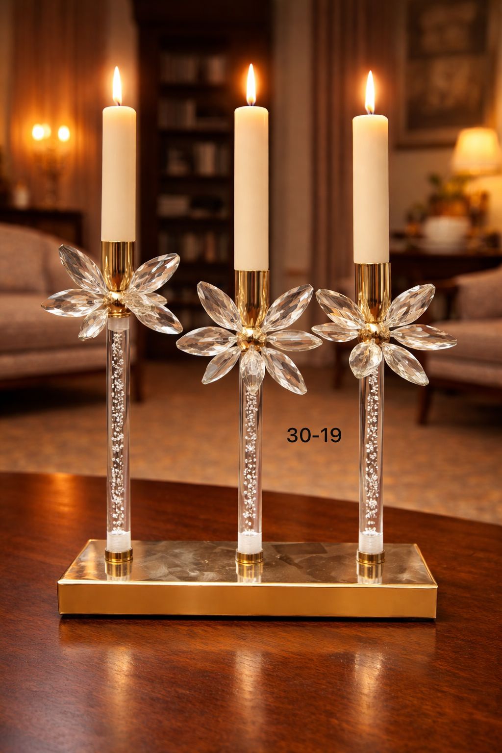 Luxury 3-Piece Crystal Bloom Golden Candle Stand