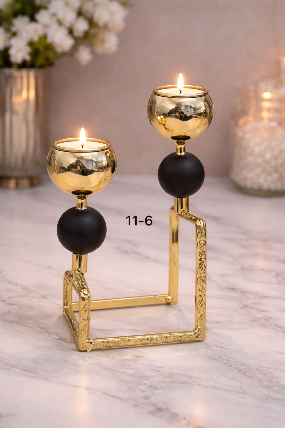 Modern 2-Pillar Golden Metal Candle Stand with Matte Black Accents