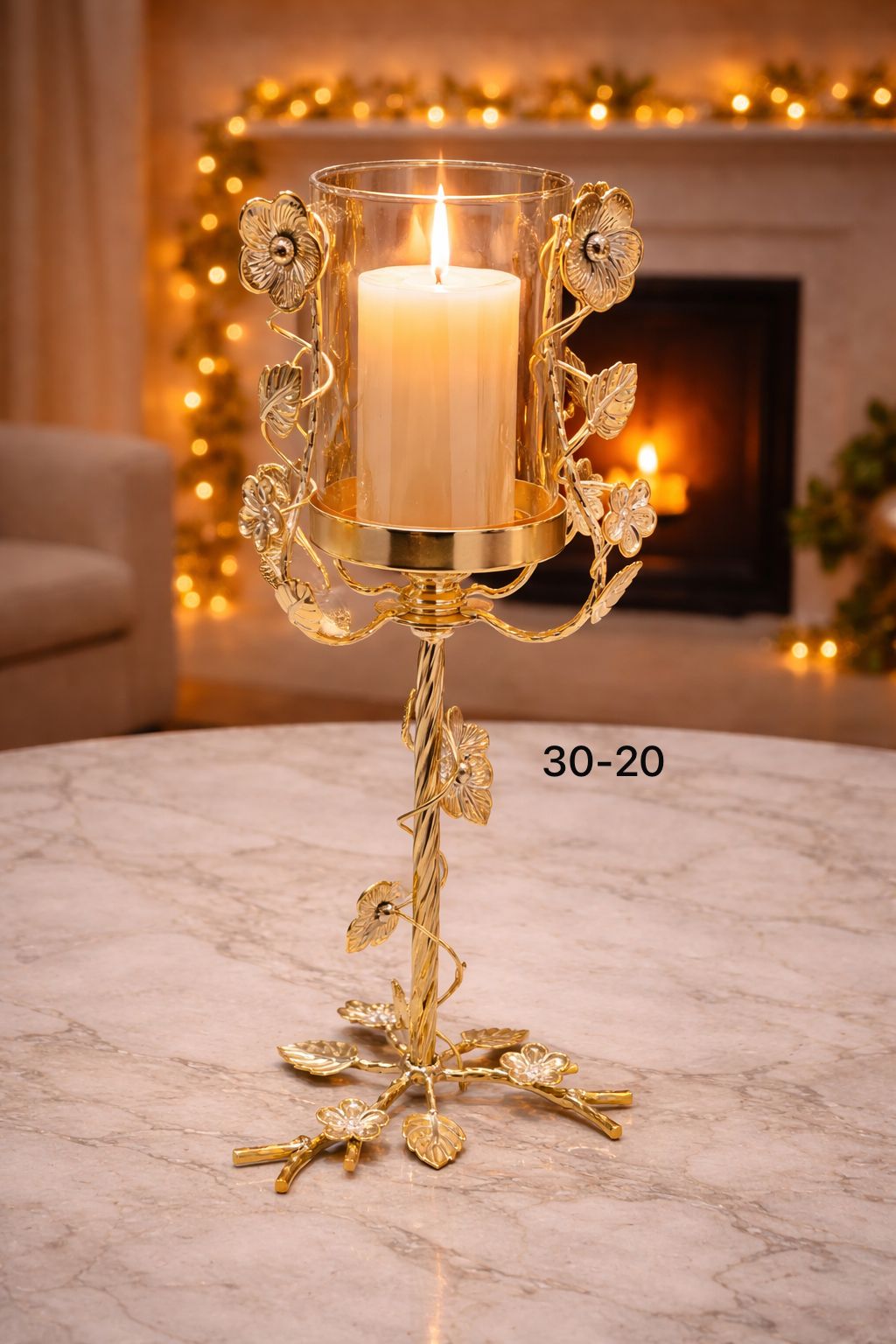 Exquisite Floral Golden Metal & Glass Hurricane Candle Stand