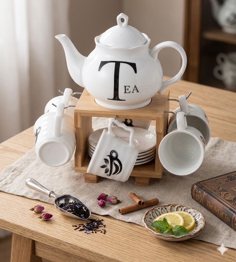 13-Piece Ceramic Tea Set with Bamboo Storage Rack