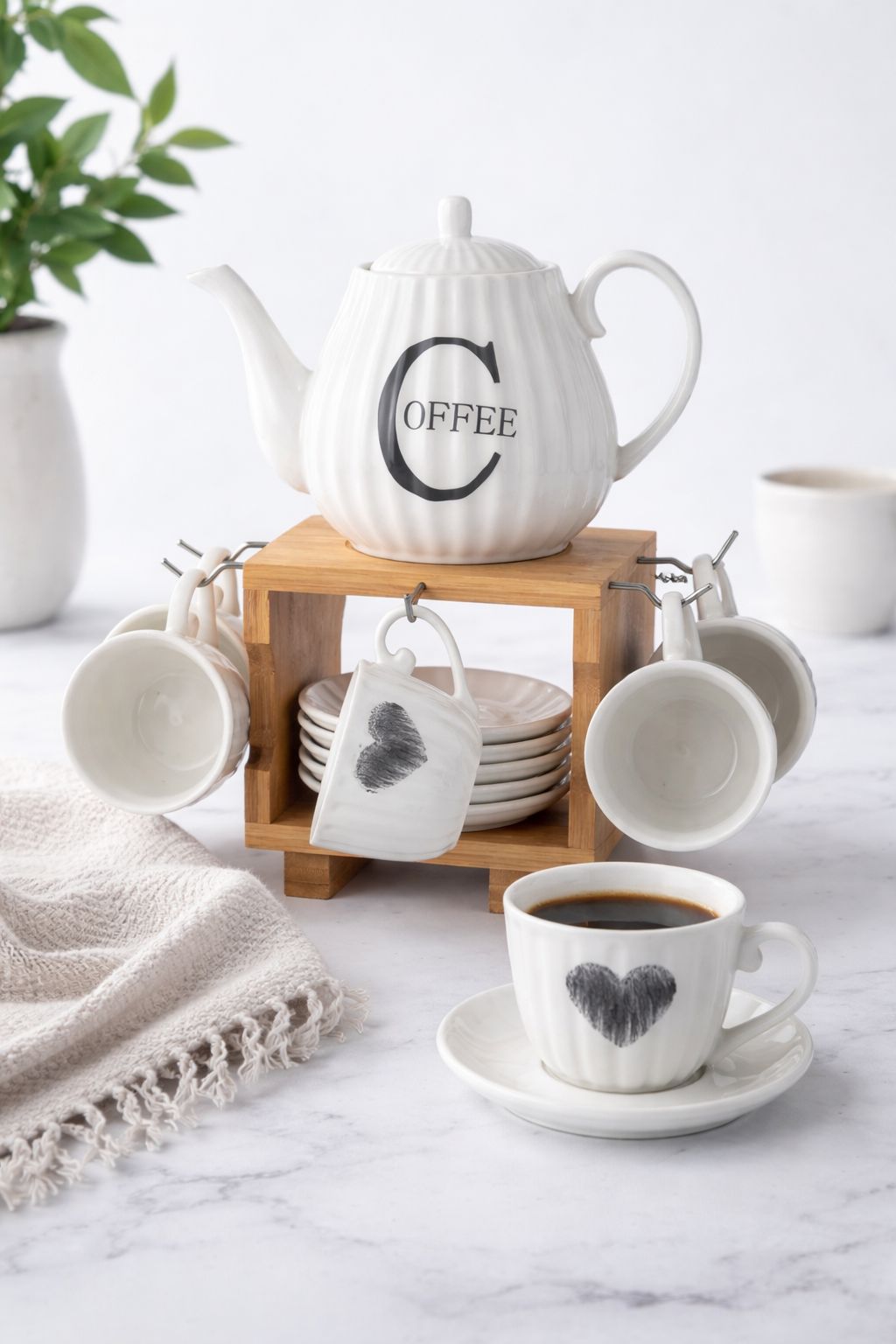 13-Piece Fluted Ceramic Coffee & Tea Set with Bamboo Stand